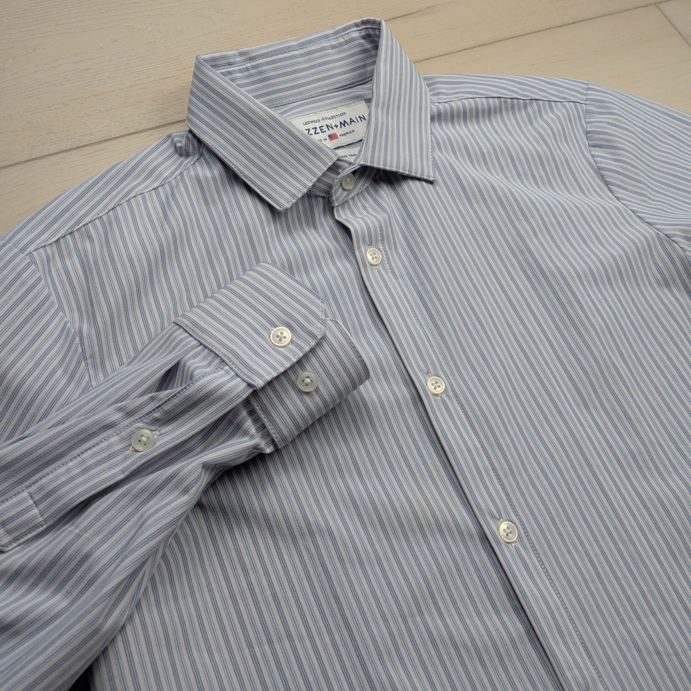 Mizzen+Main Leeward Dress Shirt Mens Large Trim Fit Blue Stripe Made in USA